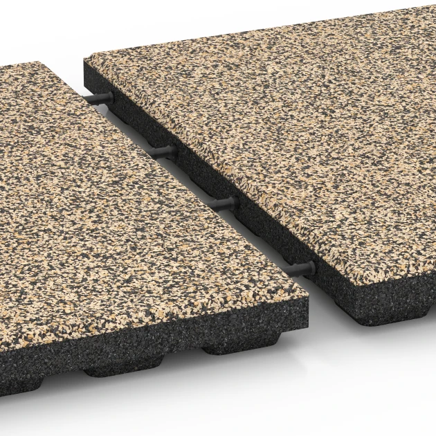 Großaufnahme vom Verbindungssystem von WARCO-Boden 6369 - Terrassenplatte Classic im Farbdesign Travertin. Abmessungen 50 x 50 x 4 cm.