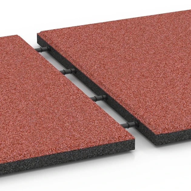 Großaufnahme vom Verbindungssystem von WARCO-Boden 6288 - Fallschutzplatten im Farbdesign Tomatenrot. Abmessungen 50 x 50 x 3 cm | 0,25 m².