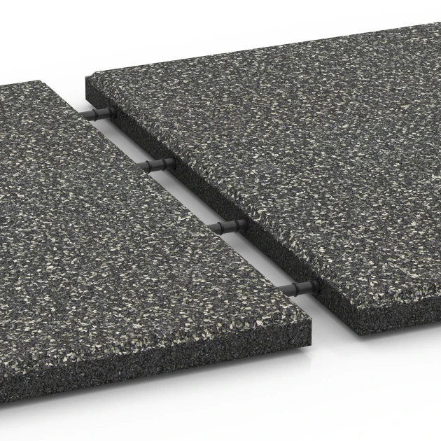 Großaufnahme vom Verbindungssystem von WARCO-Boden 6413 - Fallschutzmatte EPDM – 90 cm im Farbdesign Dunkelgrauer Granit. Abmessungen 50 x 50 x 3 cm | 0,25 m².