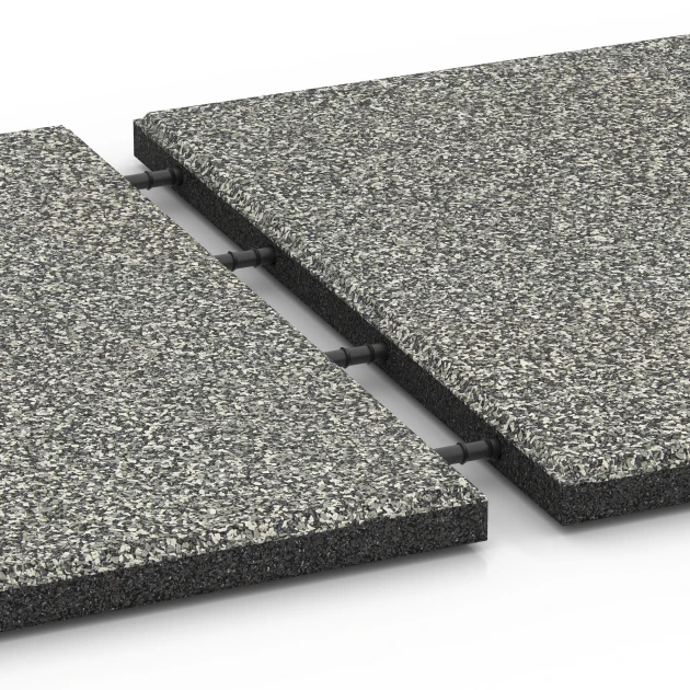 Großaufnahme vom Verbindungssystem von WARCO-Boden 6414 - Fallschutzmatte EPDM – 90 cm im Farbdesign Grauer Granit. Abmessungen 50 x 50 x 3 cm | 0,25 m².
