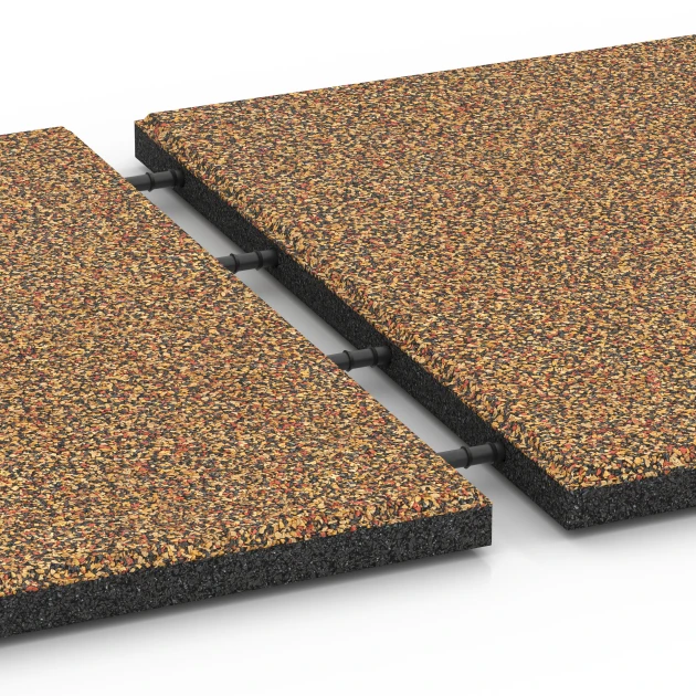 Großaufnahme vom Verbindungssystem von WARCO-Boden 6416 - Fallschutzmatte EPDM – 90 cm im Farbdesign Terra Cotta. Abmessungen 50 x 50 x 3 cm | 0,25 m².