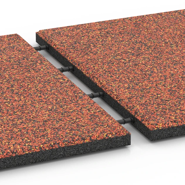 Großaufnahme vom Verbindungssystem von WARCO-Boden 6417 - Fallschutzmatte EPDM – 90 cm im Farbdesign Feuersglut. Abmessungen 50 x 50 x 3 cm | 0,25 m².