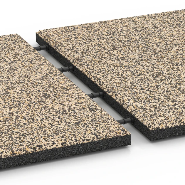 Großaufnahme vom Verbindungssystem von WARCO-Boden 6419 - Fallschutzmatte EPDM – 90 cm im Farbdesign Travertin. Abmessungen 50 x 50 x 3 cm | 0,25 m².