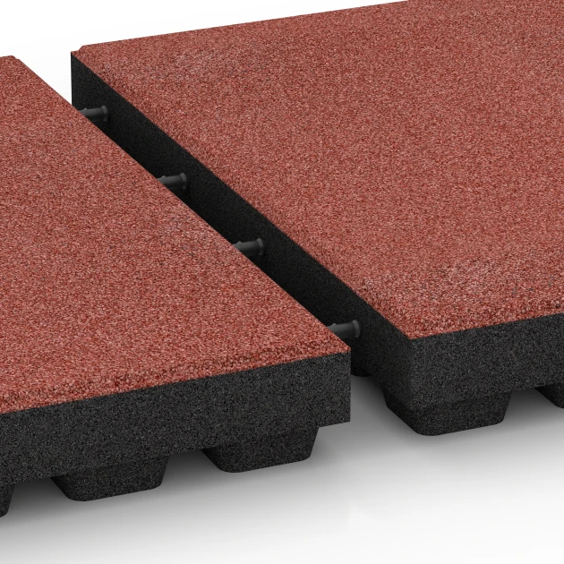 Großaufnahme vom Verbindungssystem von WARCO-Boden 6296 - Fallschutzplatten im Farbdesign Tomatenrot. Abmessungen 50 x 50 x 7 cm.