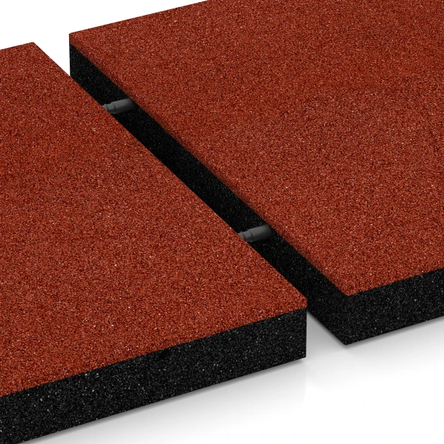 Großaufnahme vom Verbindungssystem von WARCO-Boden 6266 - Fallschutzplatte – 180 cm im Farbdesign Ziegelrot. Abmessungen 50 x 50 x 6 cm.