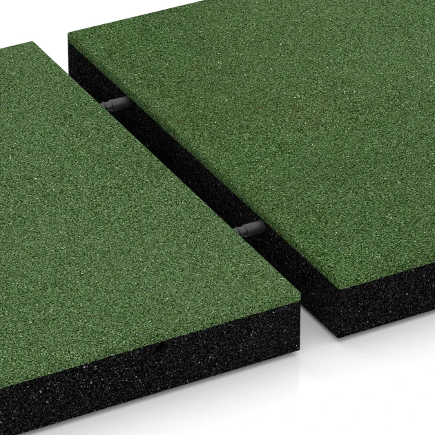Großaufnahme vom Verbindungssystem von WARCO-Boden 6203 - Fallschutzplatten im Farbdesign Grasgrün. Abmessungen 50 x 50 x 6 cm.