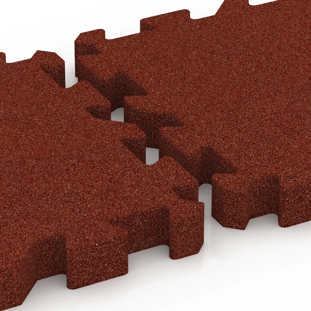Großaufnahme vom Verbindungssystem von WARCO-Boden 6310 - Fallschutz-Puzzlematte im Farbdesign Ziegelrot. Abmessungen 50 x 50 x 6 cm | 0,25 m².