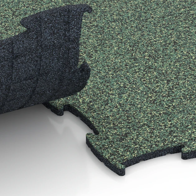 Großaufnahme vom Verbindungssystem von WARCO-Boden 6834 - Fitness Active Floor System im Farbdesign Englischer Rasen. Abmessungen 97,1 x 97,1 × 1,8 cm.
