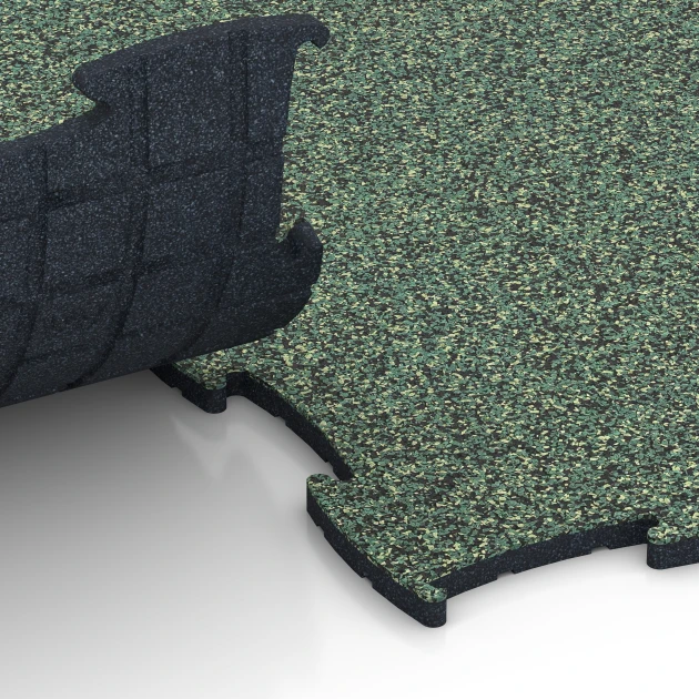 Großaufnahme vom Verbindungssystem von WARCO-Boden 6924 - Messeboden Klickfliese im Farbdesign Englischer Rasen. Abmessungen 97,1 x 97,1 × 1,8 cm.