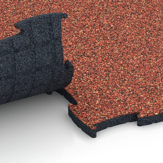 Großaufnahme vom Verbindungssystem von WARCO-Boden 6854 - Fitness Active Floor System im Farbdesign Feuersglut. Abmessungen 97,1 x 97,1 x 2,8 cm.
