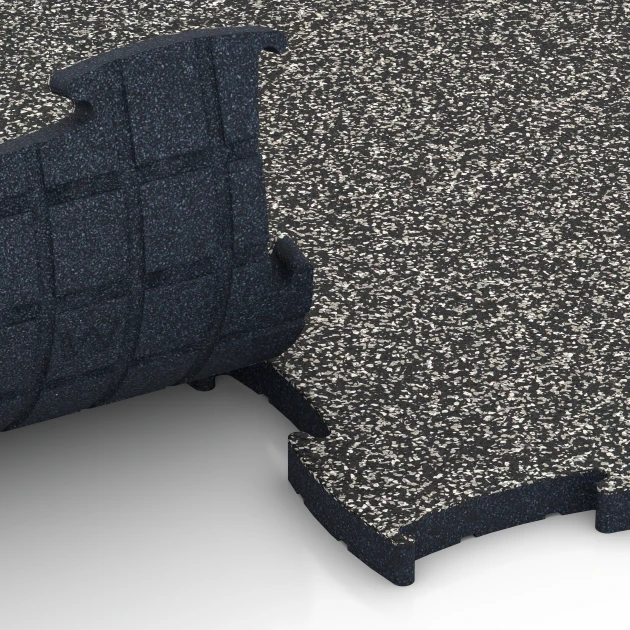 Großaufnahme vom Verbindungssystem von WARCO-Boden 6886 - Fitness Max Floor System im Farbdesign Dunkelgrauer Granit. Abmessungen 97,1 x 97,1 x 2,8 cm.