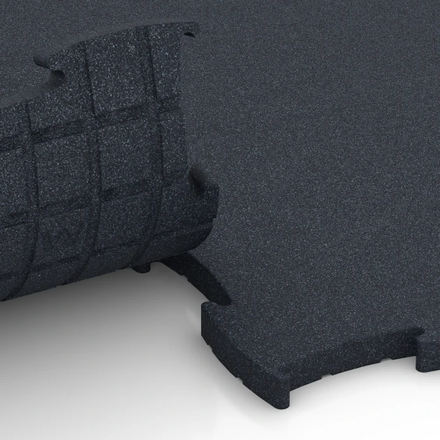 Großaufnahme vom Verbindungssystem von WARCO-Boden 6969 - Fitness Premium Boden Plus im Farbdesign Anthrazit. Abmessungen 99 x 99 x 2,8 cm.