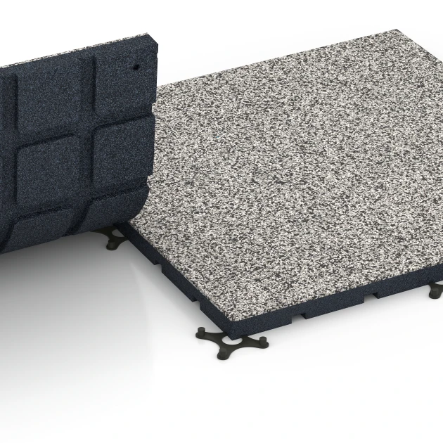 Großaufnahme vom Verbindungssystem von WARCO-Boden 7133 - Outdoor-Fitnessboden im Farbdesign Grauer Granit. Abmessungen 60 x 60 x 3 cm | 0,36 m².
