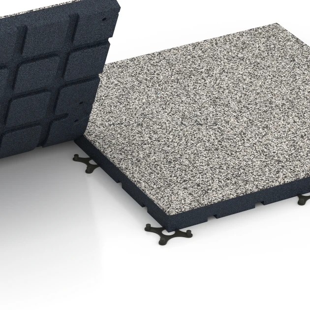 Großaufnahme vom Verbindungssystem von WARCO-Boden 7142 - Outdoor-Fitnessboden im Farbdesign Grauer Granit. Abmessungen 60 x 60 x 4 cm | 0,36 m².