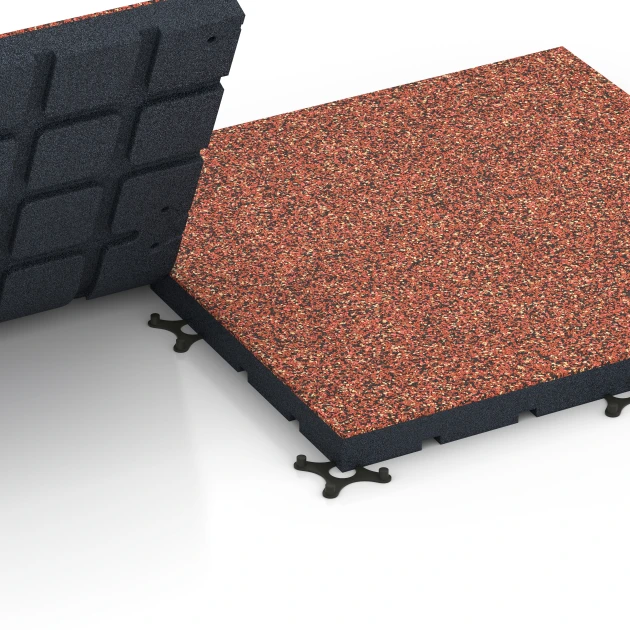 Großaufnahme vom Verbindungssystem von WARCO-Boden 7145 - Outdoor-Fitnessboden im Farbdesign Feuersglut. Abmessungen 60 x 60 x 4 cm | 0,36 m².