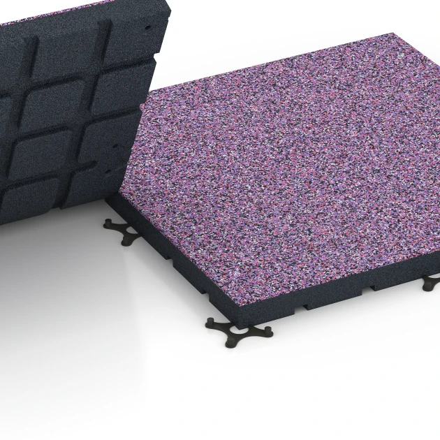 Großaufnahme vom Verbindungssystem von WARCO-Boden 7146 - Outdoor-Fitnessboden im Farbdesign Lavendel. Abmessungen 60 x 60 x 4 cm | 0,36 m².