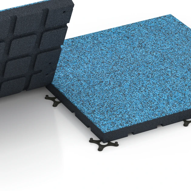 Großaufnahme vom Verbindungssystem von WARCO-Boden 7148 - Outdoor-Fitnessboden im Farbdesign Atlantik. Abmessungen 60 x 60 x 4 cm | 0,36 m².