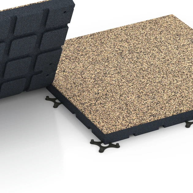 Großaufnahme vom Verbindungssystem von WARCO-Boden 7149 - Outdoor-Fitnessboden im Farbdesign Rattan Lounge. Abmessungen 60 x 60 x 4 cm | 0,36 m².