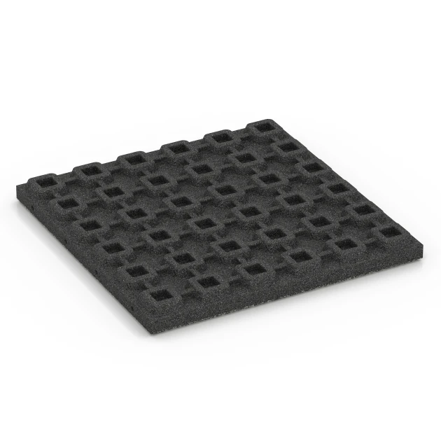 Aufsicht auf die Unterseite, also die Bodenseite von WARCO-Formteil 6423 - Fallschutzplatte – 120 cm im Format 50 x 50 x 4 cm.