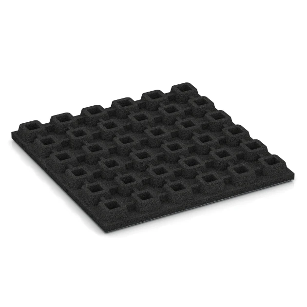 Aufsicht auf die Unterseite, also die Bodenseite von WARCO-Formteil 6294 - Fallschutzplatten im Format 500 x 500 x 48 mm.