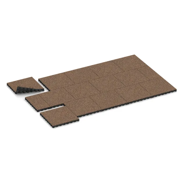 Typische Verlegung oder Einbausituation für den Artikel 0645 von WARCO - Fallschutzplatte, Farbton Bast & Borke in der Abmessung 500 x 500 x 45 mm.