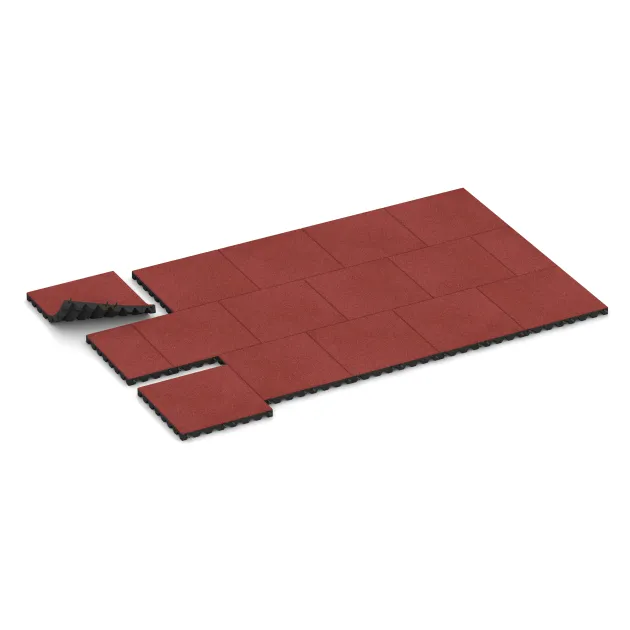 Typische Verlegung oder Einbausituation für den Artikel 0630 von WARCO - Fallschutzplatte, Farbton Korallenrot in der Abmessung 500 x 500 x 45 mm.