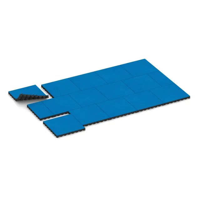 Typische Verlegung oder Einbausituation für den Artikel 0631 von WARCO - Fallschutzplatte, Farbton Himmelblau in der Abmessung 500 x 500 x 45 mm.