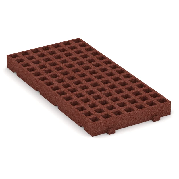 Foto der hinteren Seite vom unsymmetrischen WARCO-Formteil 6119: Fallschutz-Rasengittermatte, Design Ziegelrot, Maße 100 × 50 × 8 cm.