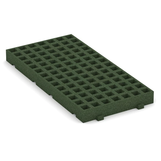 Foto der hinteren Seite vom unsymmetrischen WARCO-Formteil 6120: Fallschutz-Rasengittermatte, Design Grasgrün, Maße 100 × 50 × 8 cm.